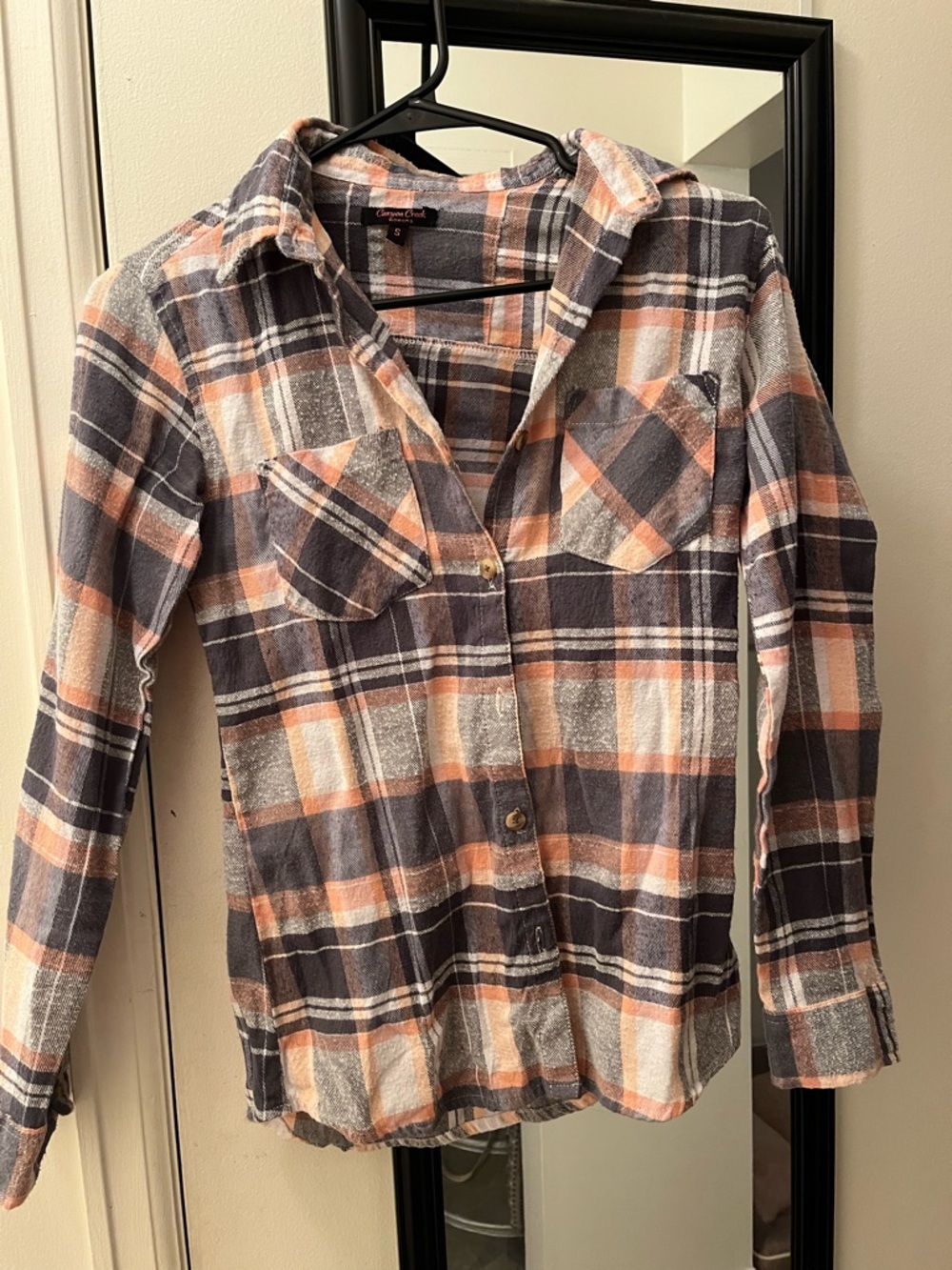 Cozy Plaid Button-Down Shirt in Peach, Gray & White